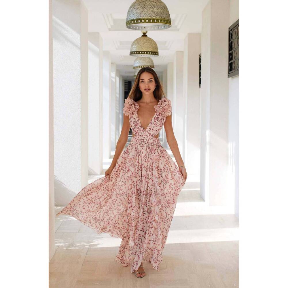 NEW LILY CLOTHING cut out deep v ruffled floral backless dress in pink